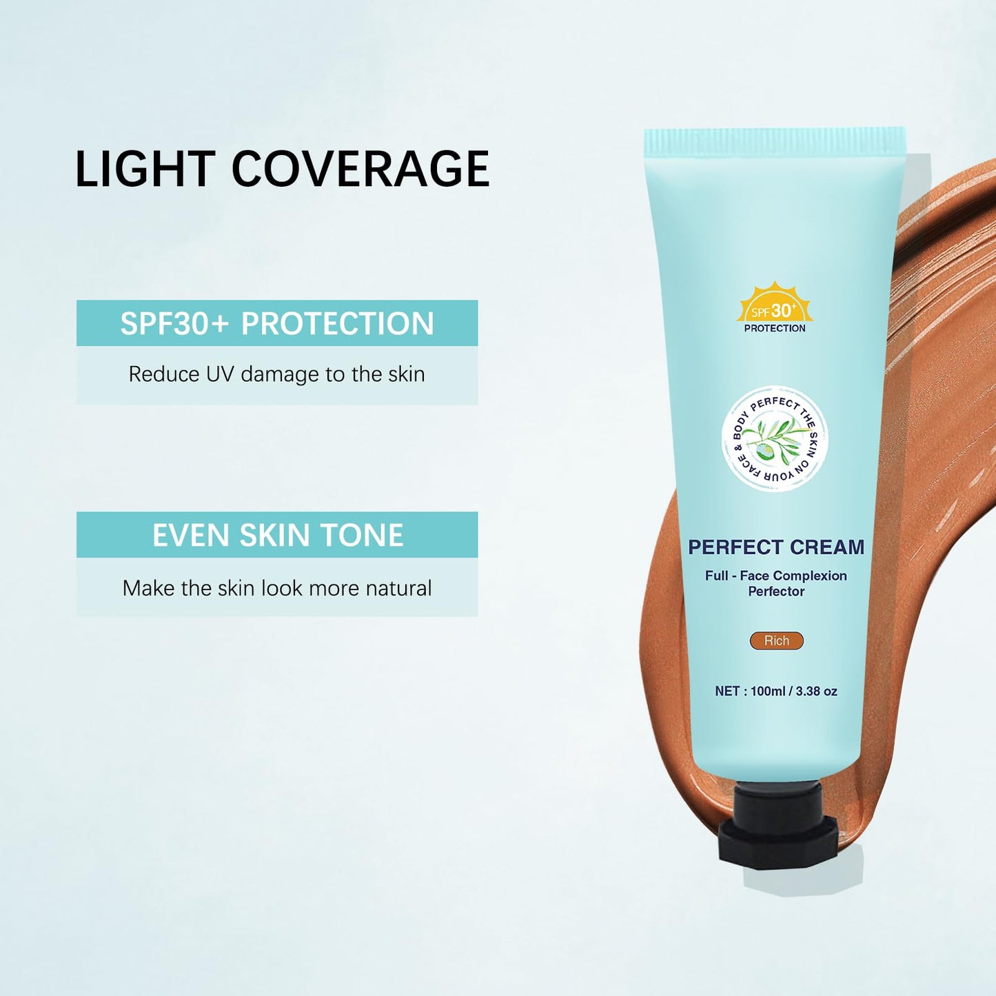 Shimmery Body Coverage Perfector Waterproof CC Cream with SPF 30 - Full Coverage body Makeup with Glow, Transfer-Resistant & Long-Lasting Skin Tint, Broad Spectrum for Face & Body (Rich)