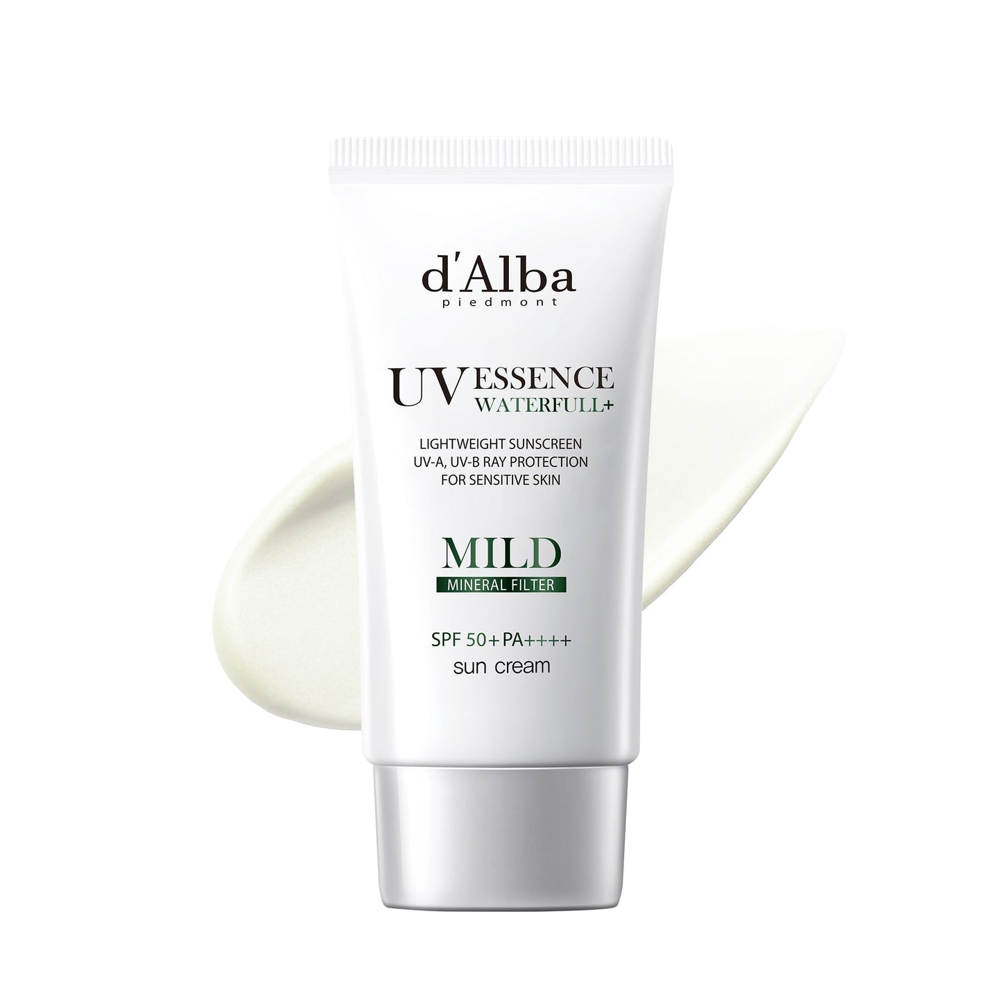 d'Alba Italian White Truffle Waterfull Mild Sunscreen, Vegan Skincare, Mineral Sunscreen with SPF 50+ PA++++, Non-Nano Sunscreen Suitable for Sensitive Skin, Gentle and Light Finish
