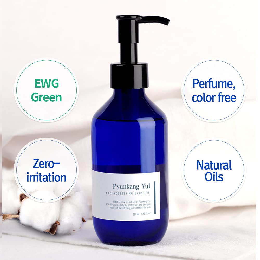 PYUNKANG YUL ATO Nourishing Baby Oil - Premium Natural Oil - 6 Moisture Barriers Eliminating Dryness - Sweet Almond Sunflower seed and Olive Oil - Calming Irritated Baby Skin - Bergamot Oil 6.42 Fl oz