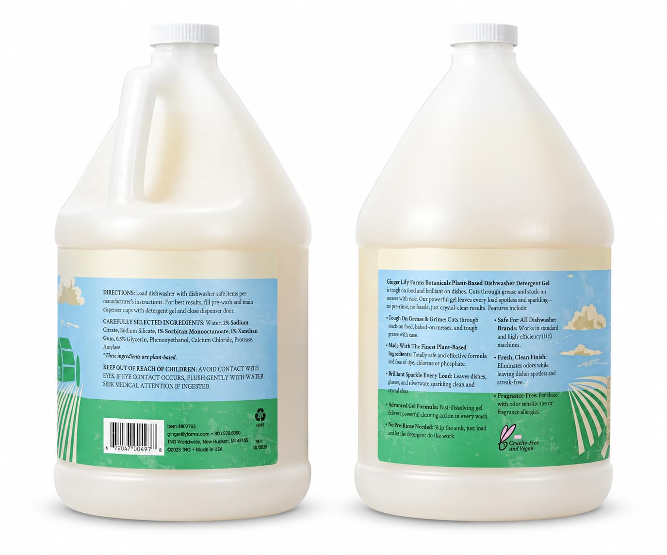 Ginger Lily Farms Plant-Based Dishwasher Detergent Gel, Fragrance-Free, 1 Gallon (128 Fl Oz) Refill, Eco-Friendly, 100% Vegan & Cruelty-Free