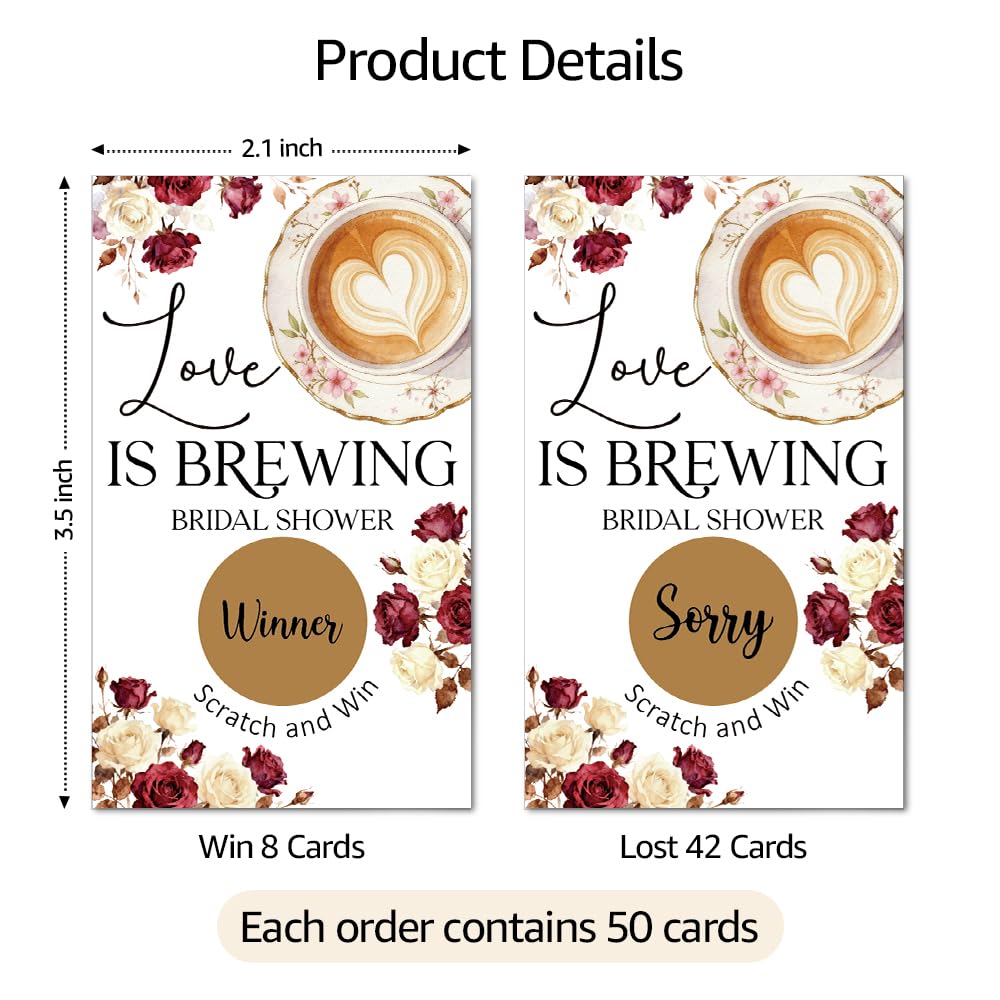 TOUNER 50Pcs Love Is Brewing Bridal Shower Scratch Off Game, Coffee Bridal Shower Game Scratch Card, Funny Wedding Raffle Ticket Lottery Games for Floral Coffee Lover, Engagement Party Reveal Supplies
