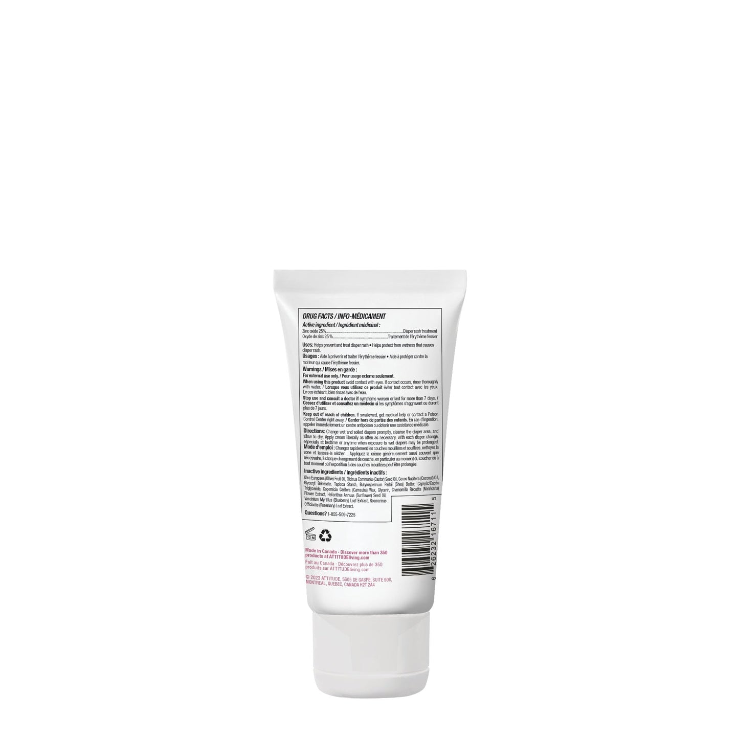 ATTITUDE Baby Diaper Cream, EWG Verified & Zinc Oxide Formula, Unscented & Hypoallergenic, Dermatologist-Tested, Vegan, 75g