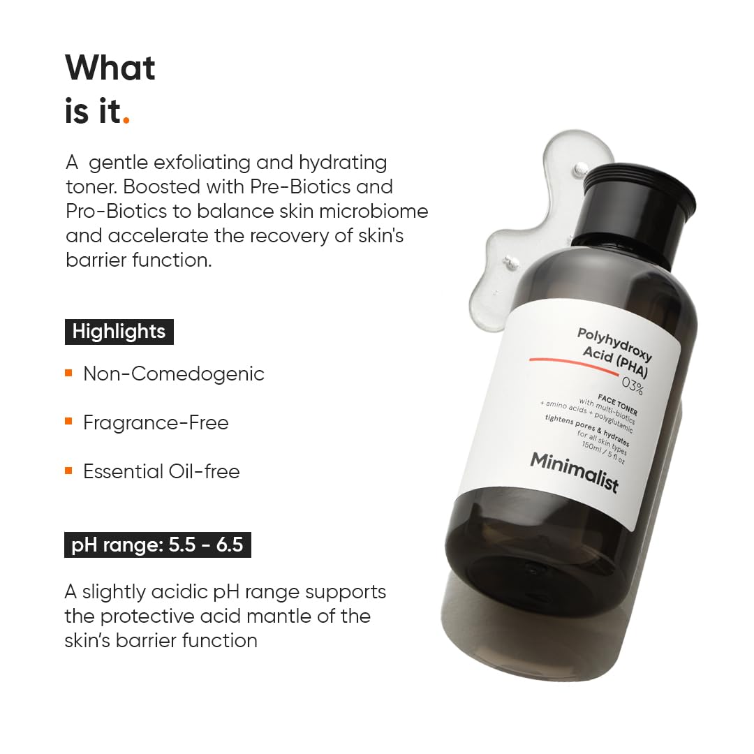 Minimalist Hydrating Toner for Face | 3% PHA Facial Toner for Pore Tightening | Mild Exfoliation, pH Balancing & Rebalancing Skin Microbiome | for Women & Men | 5 Fl Oz / 150 ml