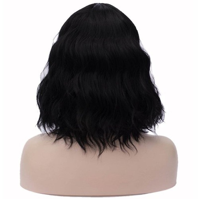 BERON 14 Inches Black Wig Women’s Black Wavy Wig with Bangs for Women Halloween Cosplay Wig for Daily Use Synthetic Wigs (Black)
