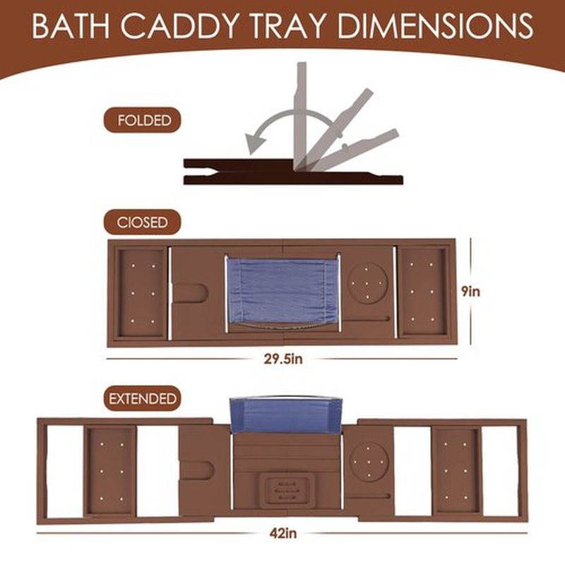 Foldable Bathtub Caddy Tray, Bamboo Bath Tub Tray Table for Tub with Wine Glass Holder Book Phone Tablet Holder with Extending Sides, Adjustable Bathroom Bathtub Free Soap Holder Gift Idea (Brown)