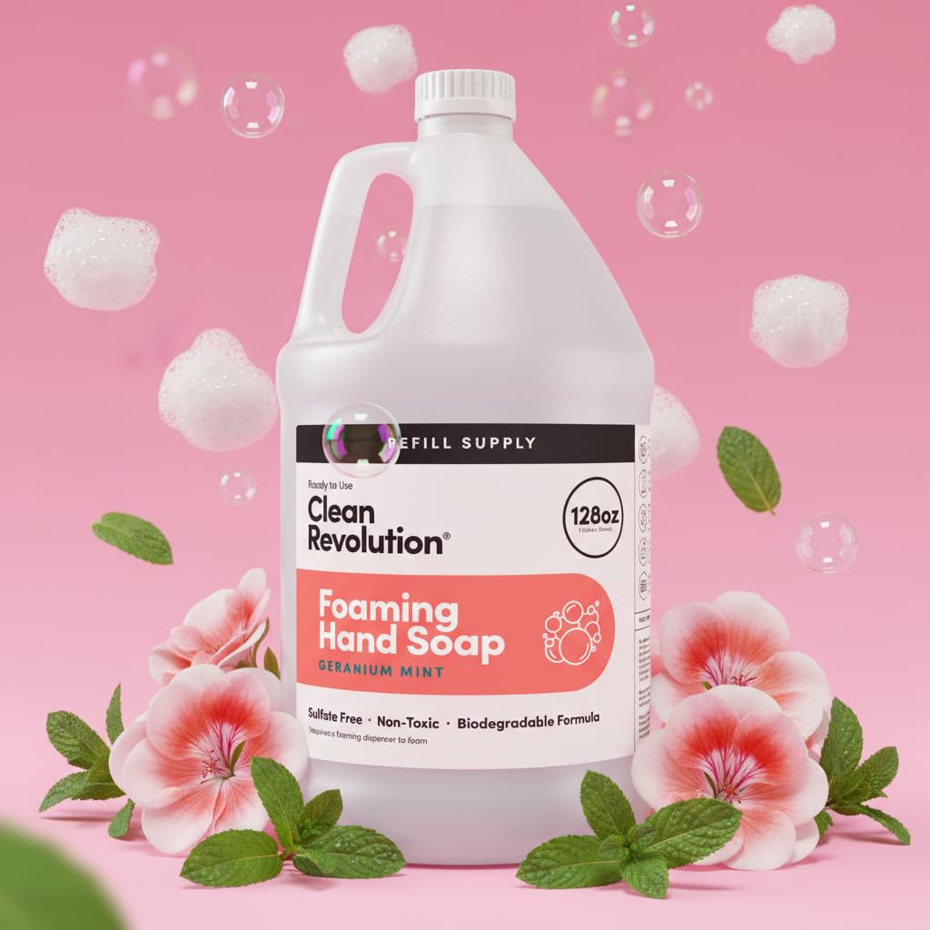 Clean Revolution Foaming Hand Soap Refill with Real Essential Oils, Moisturizing Sulfate-Free Hand Soap, Ready-to-Use Foam Soap Refill for Kitchen & Bathroom (Geranium Mint) 128 Fl Oz