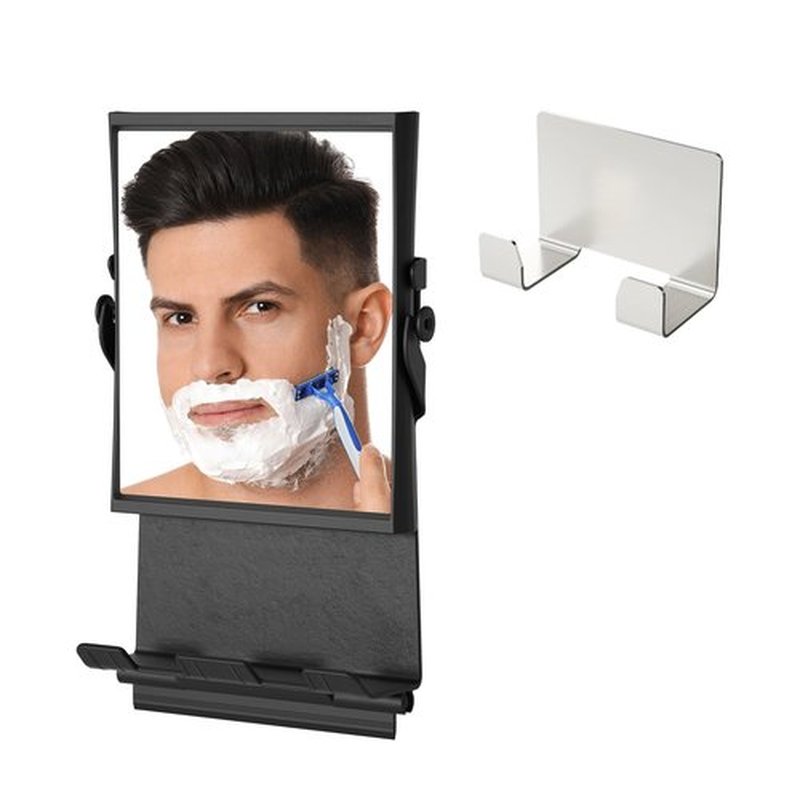 APLOP Shower Mirror Fogless and Shower Hook - Dual-Sided 1X/3X Magnification, Anti-Fog Shaving Mirror with Squeegee, Rust-Proof, Black
