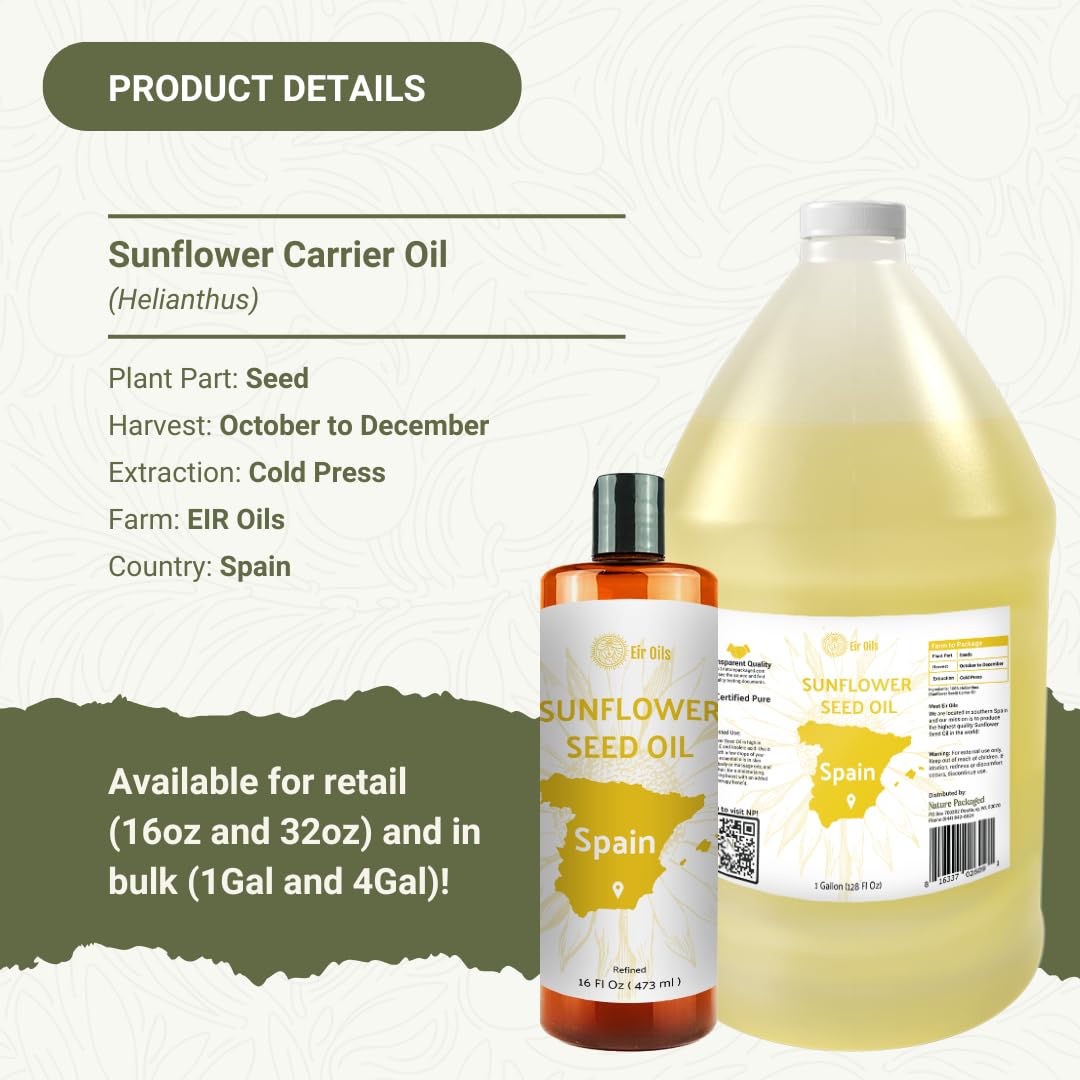 Nature Packaged Sunflower Carrier Oil (4Gal) - Direct from EIR Oils' Farmland in the Sunny Fields of Spain - 100% Pure Carrier Oil for Hair, Face, and Skin