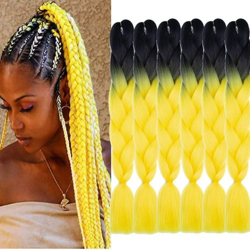 SHUOHAN 6 Packs Ombre Jumbo Braiding Hair Extensions 24 Inch High Temperature Synthetic Fiber Hair Extensions for Box Braids Braiding Hair (Black to Yellow)