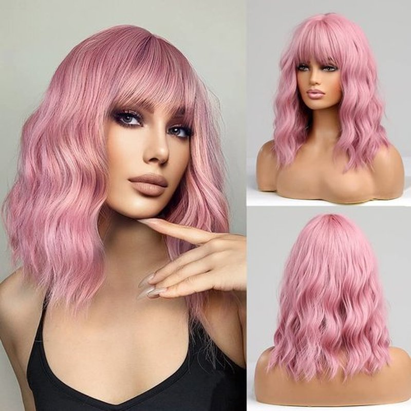 BERON Candy Pink Wig Short Curly Wig Pink Wig with Bangs Women Girl's Charming Wig Candy Pink Wig Synthetic Wig with Wig Cap