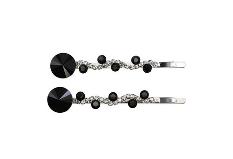 Faship A Pair Of Black Premium Rhinestone Crystal Floral Hair Clips 2 Pcs Pins - Black