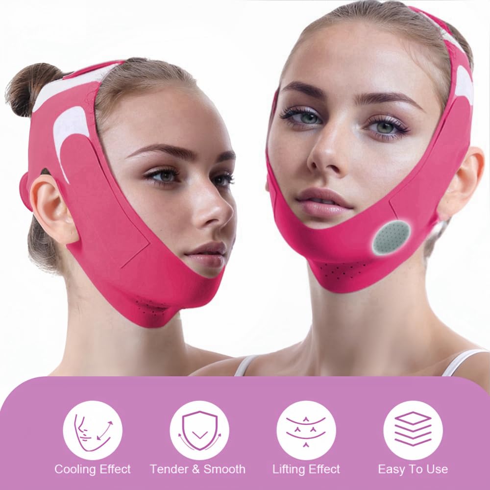 ROWMATE Graphene V-Line Mask Chin Up Mask V Shaped Face Mask Chin strap for sleeping,Jawline Shaper,red,Medium