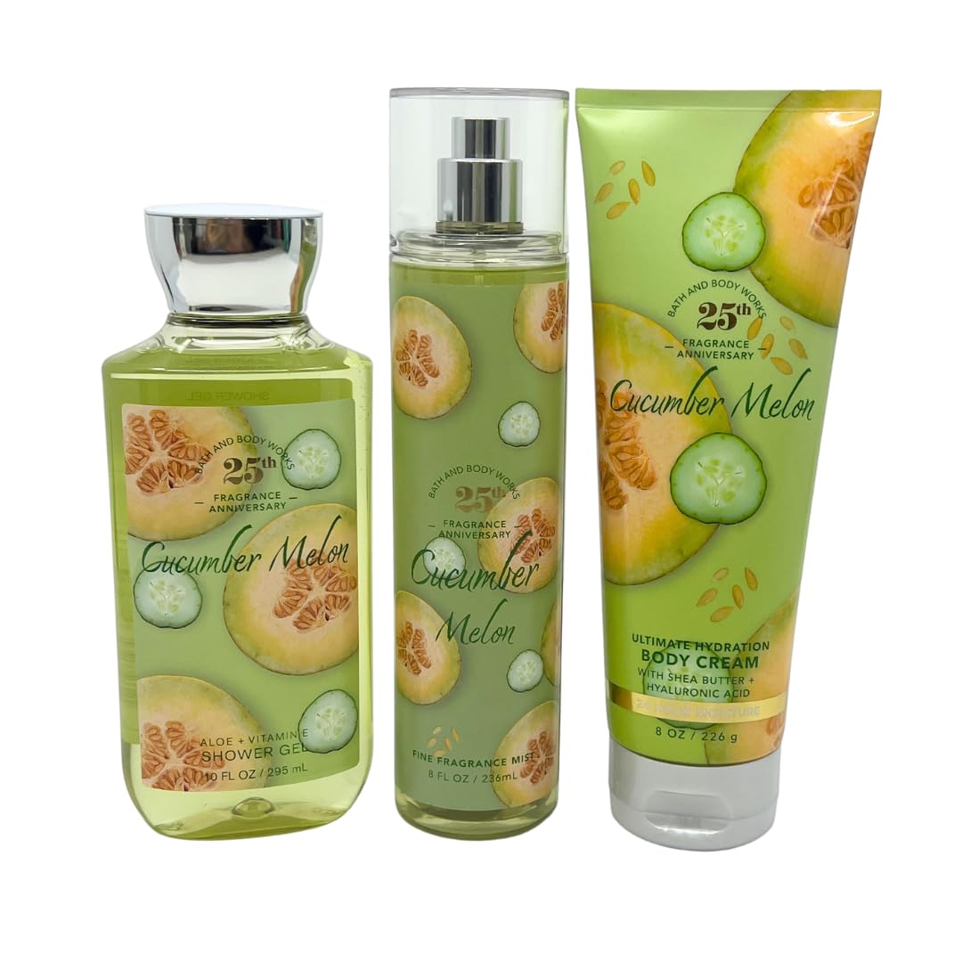 Bath & Body Works Cucumber Melon 3pc bundle - Shower Gel 10oz, Mist 8oz, & Body Cream 8oz