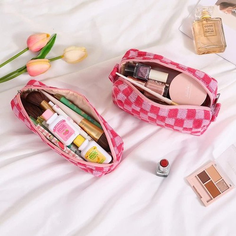 LYDZTION Large Capacity Makeup Bag Set - 3 Pieces Checkered Cosmetic Bag for Women Travel Makeup Bag Organizer Cute Makeup Brushes Storage Bag Travel Toiletry Bag Storage Bag for Women,Pink