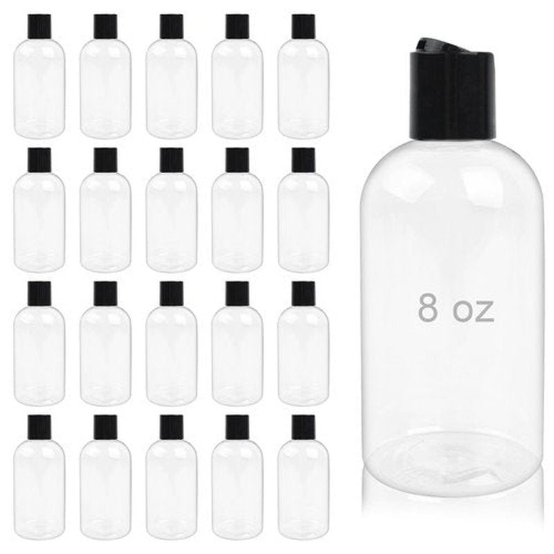 20 Pack 8 oz Empty Plastic Bottles with Black Disc Caps Reusable Clear Leak-Proof Travel Squeeze Containers for Shampoo Conditioner Toiletries Liquid Soap