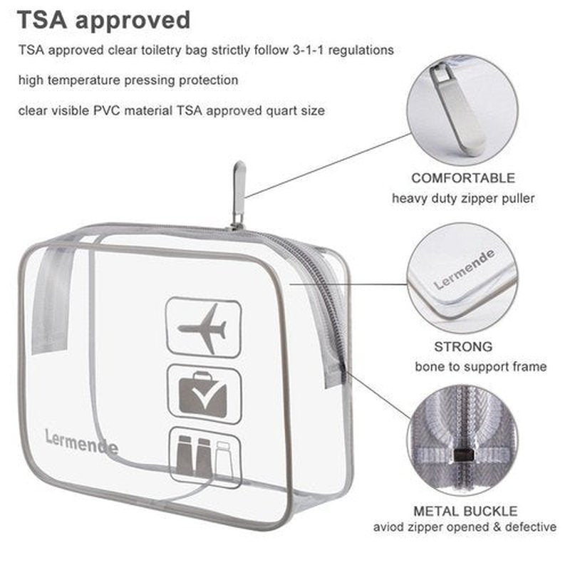 Lermende 2pcs Clear Toiletry Bag TSA Approved Travel Toiletry Bag, Carry On Airport Airline Compliant Bag Quart Sized 3-1-1 Kit Luggage Pouch (Grey)