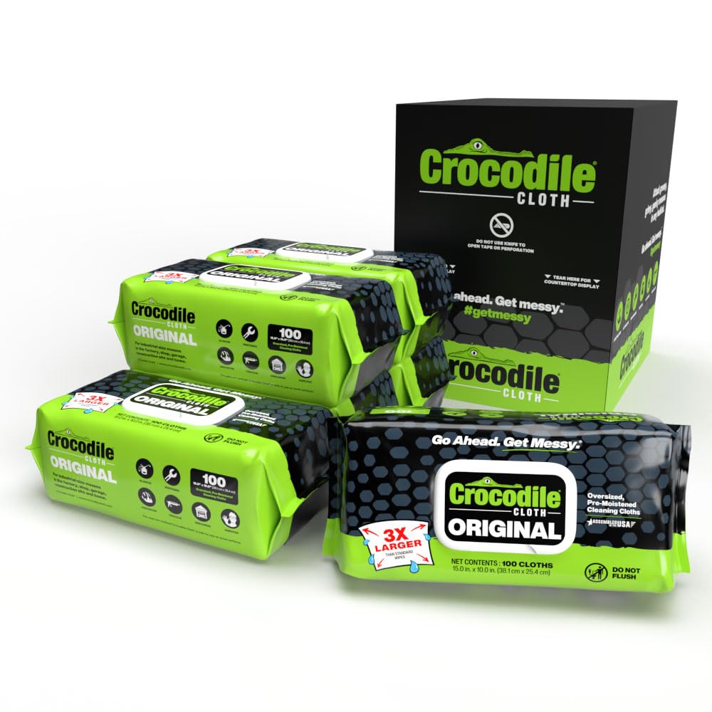 Crocodile Cloth Original Cleaning Wipes, Heavy-Duty Multi-Surface Hand & Tool Wipes, Water-Based, Safe on Skin, 600 Count (6 Packs of 100), 15 x 10 Inch