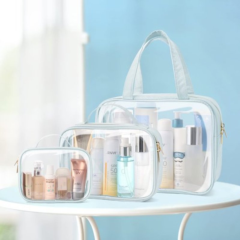 PACKISM Clear Toiletry Bags, 3 Pack Clear Makeup Bags with Handle Large Opening, Waterproof Clear Cosmetic Bags Fit Carry-on Travel Essentials, Travel Accessories Clear Travel Bags, Grayish Blue