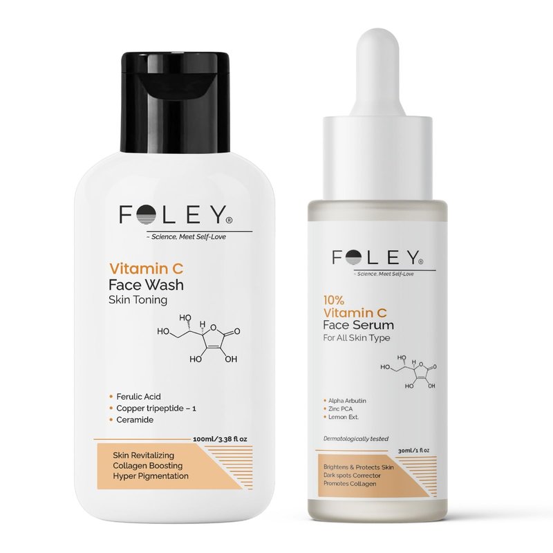 FOLEY Skincare Combo – Vitamin C Face Wash (100 ml) & 10% Vitamin C Face Serum (30 ml) – Daily Cleansing & Brightening Routine for All Skin Types