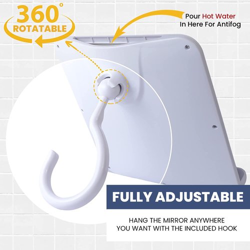 MIRRORVANA Dual Anti Fog Shower Mirror for Shaving with Hook for Hanging and Fogless Shatterproof Surface - Fill Back Chamber/Reservoir with Hot Water for Fog Free Shave (8" x 7", White)