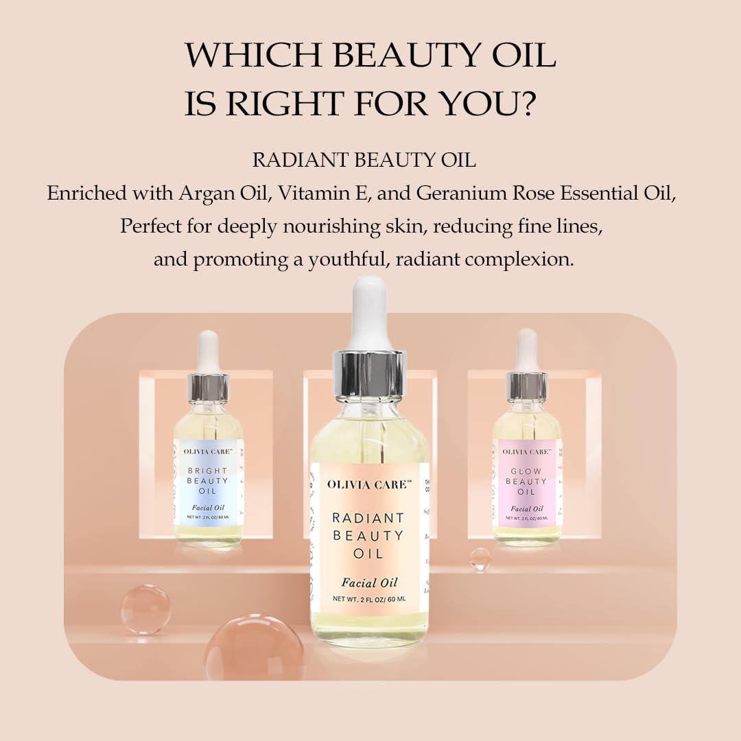 Olivia Care Facial Oil Infused with Argan, Safflower, Vitamin E & Geranium Essential Oil - All Natural - Hydrating, Anti-aging & Antioxidants - Remove Wrinkles & Clear Pores - 2 FL OZ