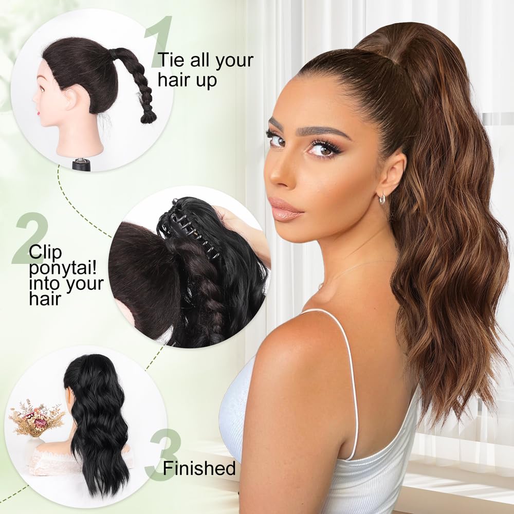 ALXNAN Ponytail Extension,16 Inch Claw Ponytail Hair Extensions for Women，Claw Clip in Long Wavy Synthetic Deep Brown with Dirty Blonde Ponytail Extension for Daily Use.