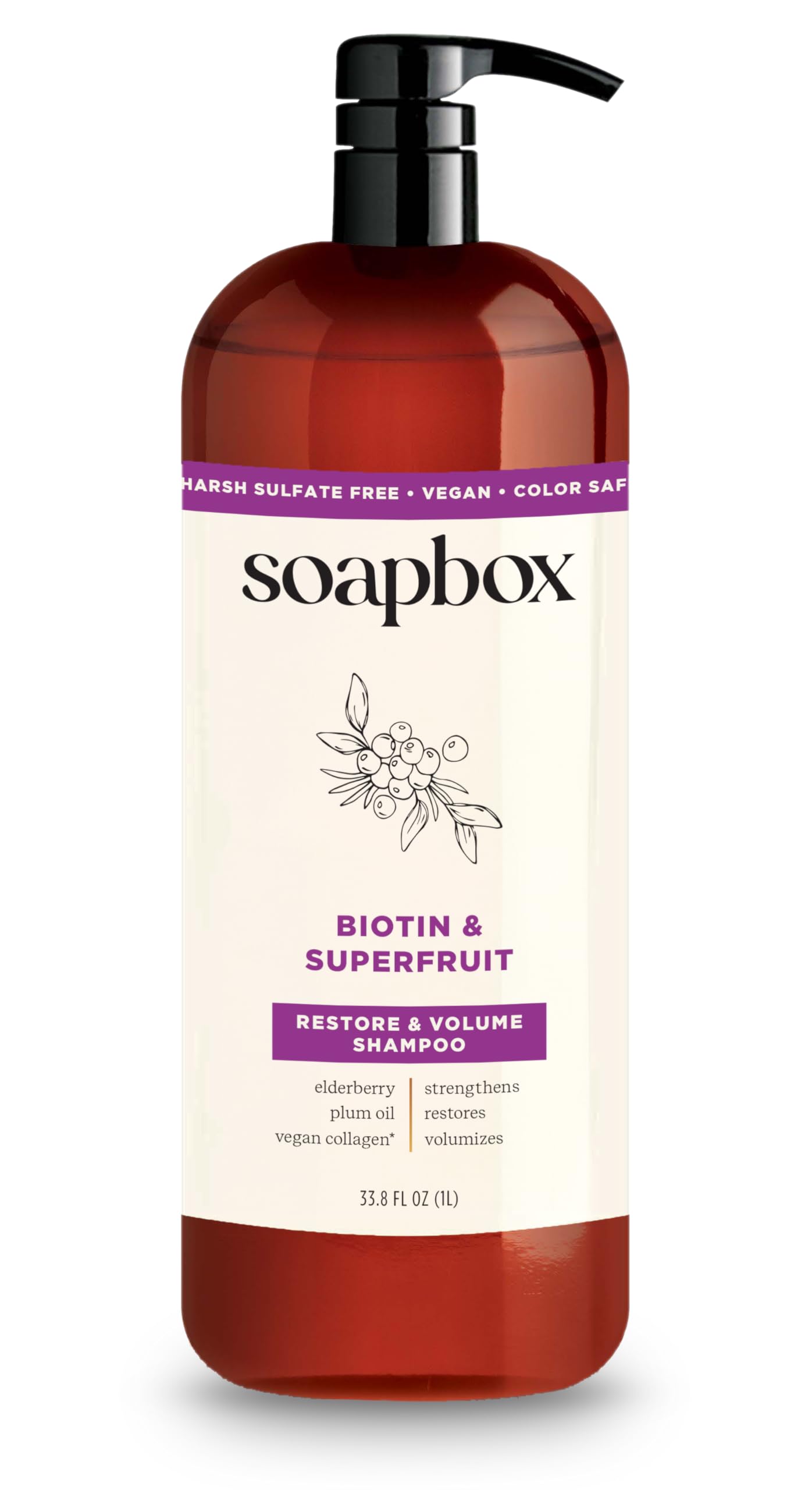 Soapbox Biotin Shampoo, Biotin & Super Fruit Shampoo for Thin, Fine, Thinning Hair | Volumizing & Repairing to Promote Hair Growth, Strength, Fullness, 1 Liter Pump Bottle