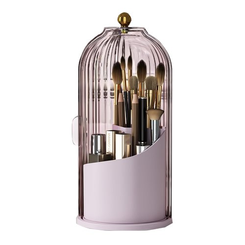 Zufudo Makeup Brush Holder Organizer with Lid 360° Rotating Makeup Organizer Countertop Dustproof Cosmetics Organizer for Vanity Bathroom, Pink Purple
