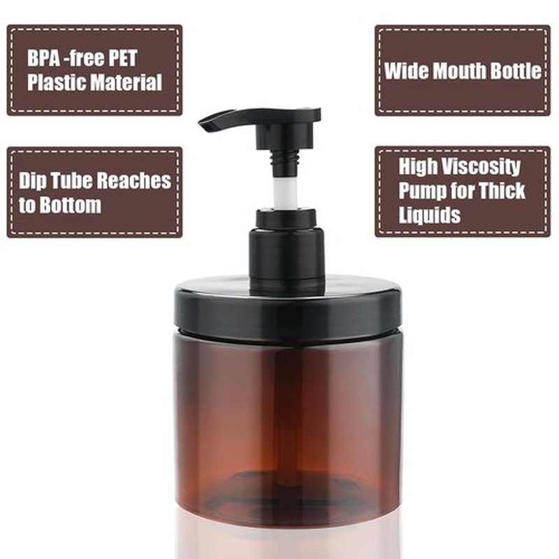 Cosywell Pump Bottle Dispenser Shampoo and Conditioner Dispenser 2 Pack 16.9oz/500ml Wide Mouth Hand Soap Dispenser Refillable Plastic Empty Liquid Container for Lotion Body Wash(Brown)