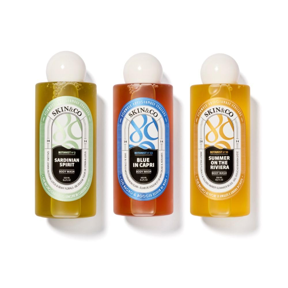 SKIN&CO The Italian Riviera Collection, 3-Piece Luxury Body Wash Set – Summer on the Riviera, Sardinian Spirit & Blue in Capri, 8.4 FL OZ Each, Hydrating & Nourishing Bath Gel Trio, Made in Italy