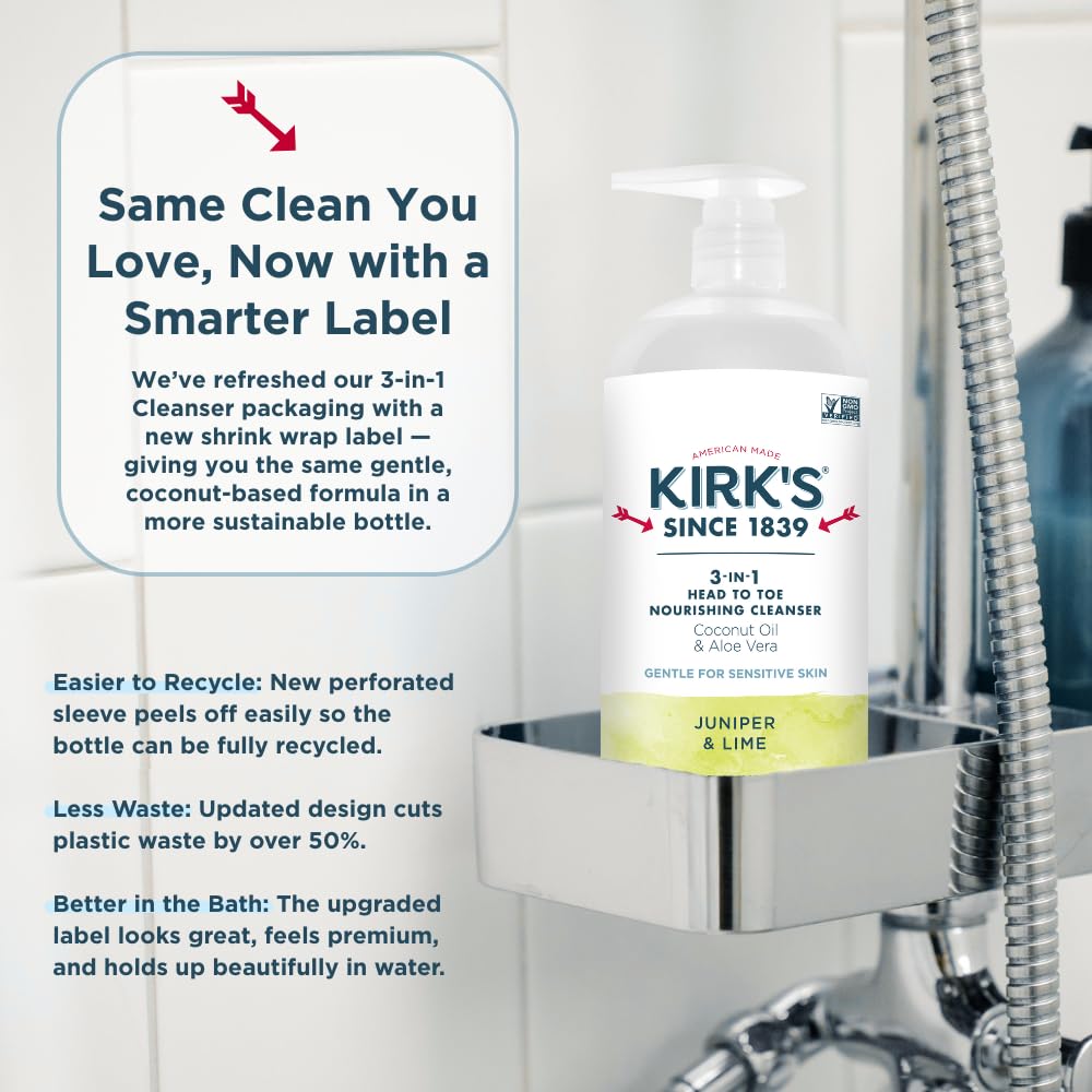 Kirk's Juniper & Lime 3-in-1 Nourishing Cleanser and Travel Bar Soap, Shampoo Body Wash Bubble Bath, Coconut Oil and Aloe Vera, Vegan Non-GMO, 32 Fl Oz