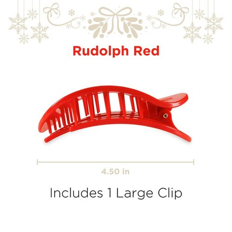 TELETIES - Large Flat Round Hair Clip - Holiday Collection - Hair Claw Clips for Women - Strong Grip, Bendable Teeth, Curved Design - For All Hair Types and Textures - Rudolph Red