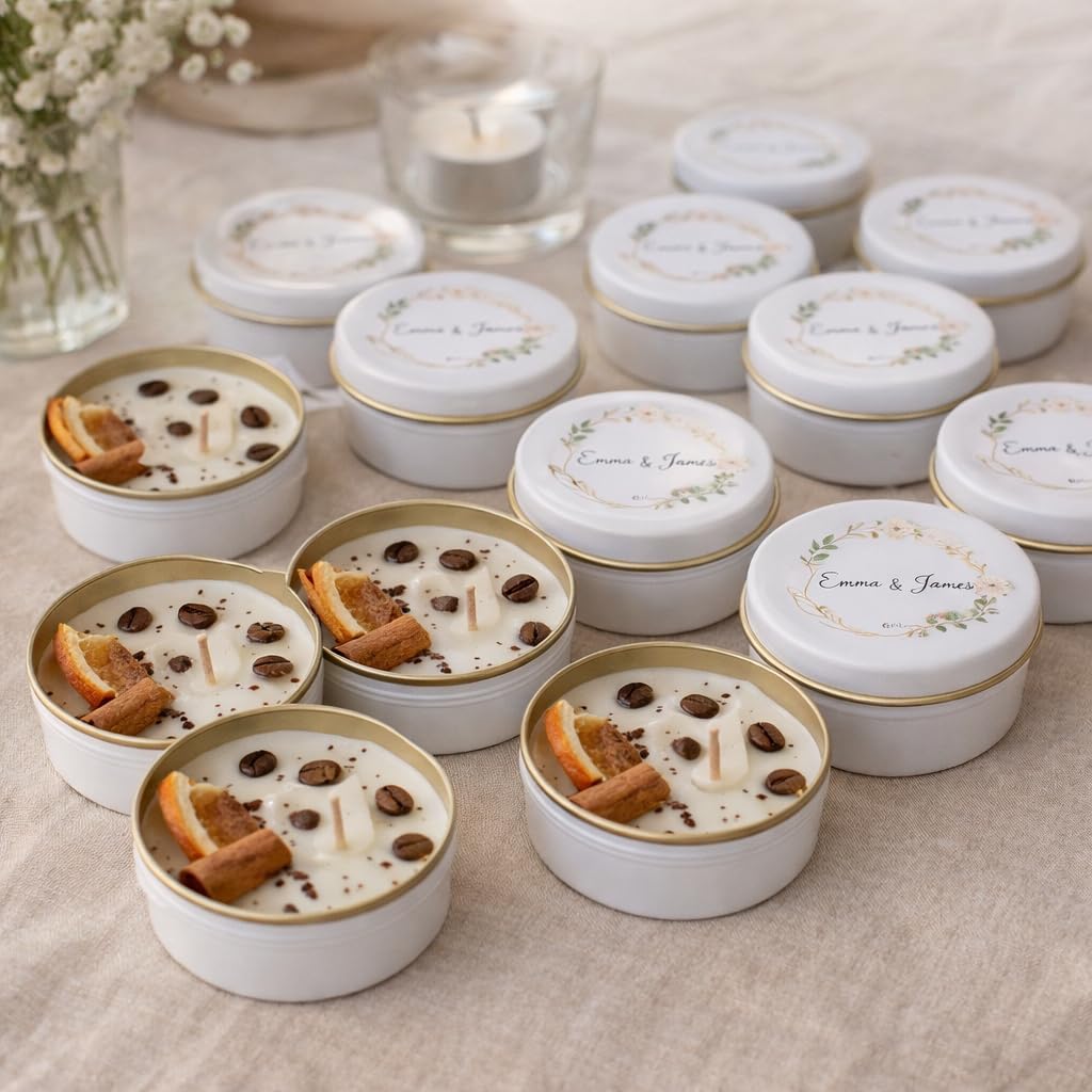Personalized Coffee Scented Soy Wax Candle Favors with Cinnamon Stick & Dried Orange – Rustic Wedding, Bridal & Baby Shower, Birthday, Christmas Event Gifts (10–200 Bulk Available)