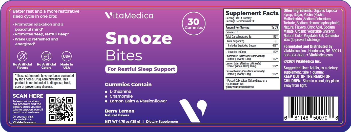 VitaMedica Snooze Sleep Gummies - Melatonin-Free, Zero Grogginess - L-Theanine, Chamomile, Passionflower & Lemon Balm - Sleep Aid Gummies for Adults - 30 Count