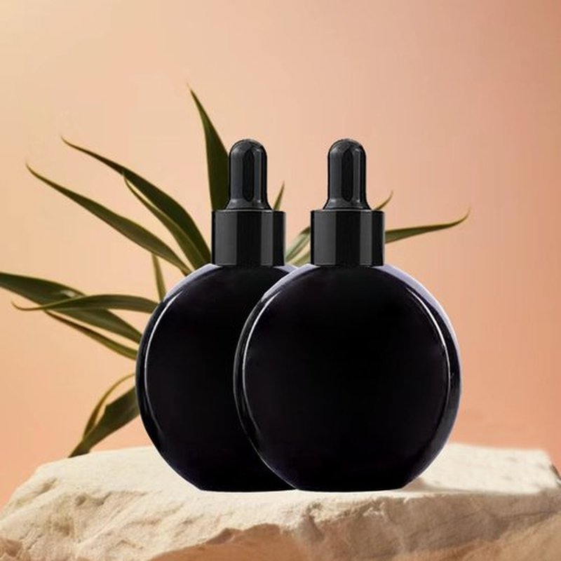 PYAWI 6Pcs, 2 oz Black Glass Dropper Bottles for Essential Oils ，60ml flat round perfume bottle with Eye Droppers， for Essential Oils, Perfumes, Serums - Leakproof for Travel (B-Black)