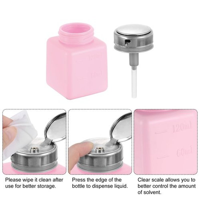 HARFINGTON 2pcs Solvent Alcohol Dispenser 120ml(4oz) Nail Polish Remover Push Down Liquid Dispenser Pump Bottle with Stainless Steel Press Head for Acetone Cleanser Polish Remover, Red
