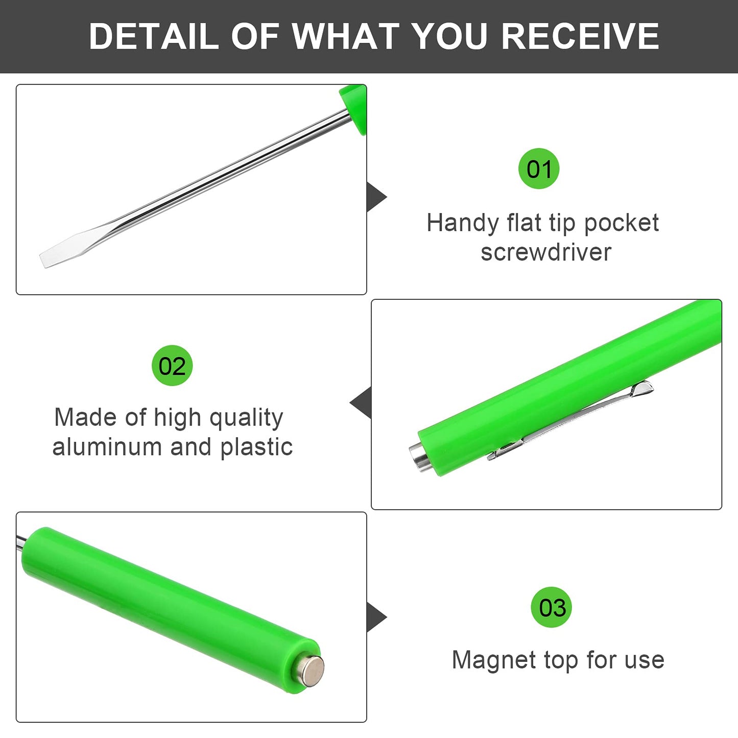 Honoson 10 Pieces Pocket Screwdriver Mini Tops and Pocket Clips Magnetic Slotted Small Screw Driver with a Single Blade Head for Mechanical, Electrician(Green)