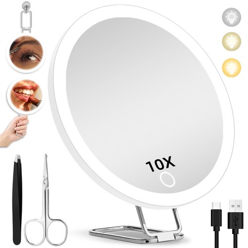 10X Magnifying Mirror with Lights, 6inch Lighted Magnifying Mirror with Suction Cups and Stand, Makeup Mirror with 10X Magnification Portable Travel Magnifying Mirror, 10X Magnified Mirror with Lights