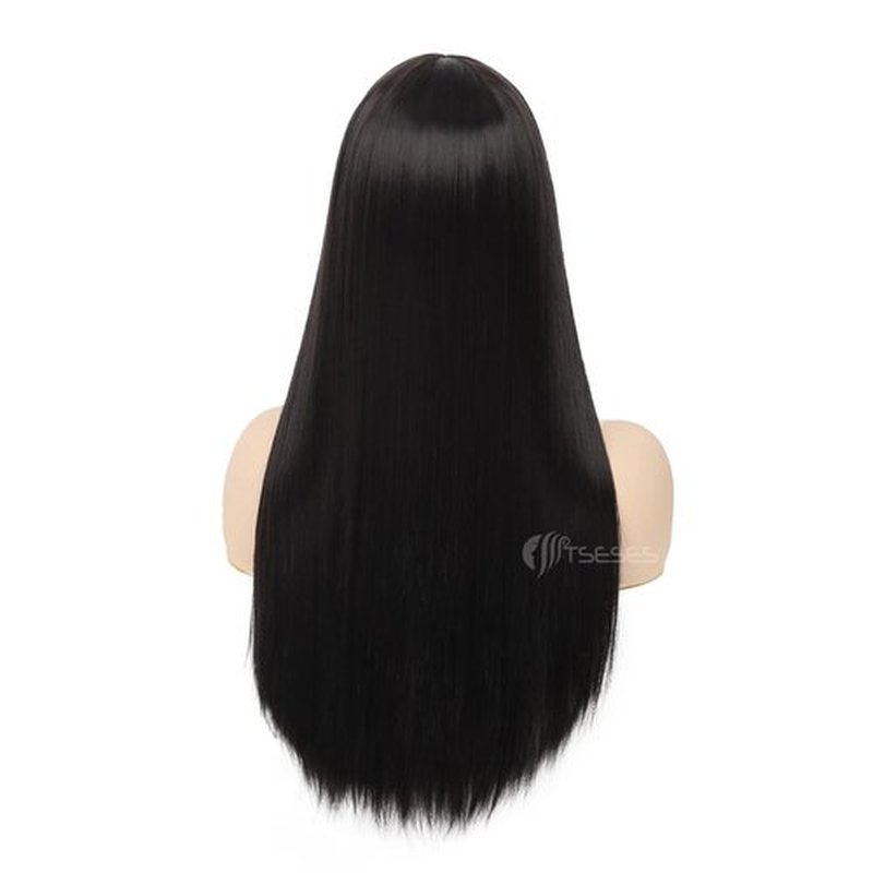 Tseses Pink and Black Long Straight Wigs with Bangs for Women Two Tone Synthetic Wig for Daily Cosplay Halloween Party Use