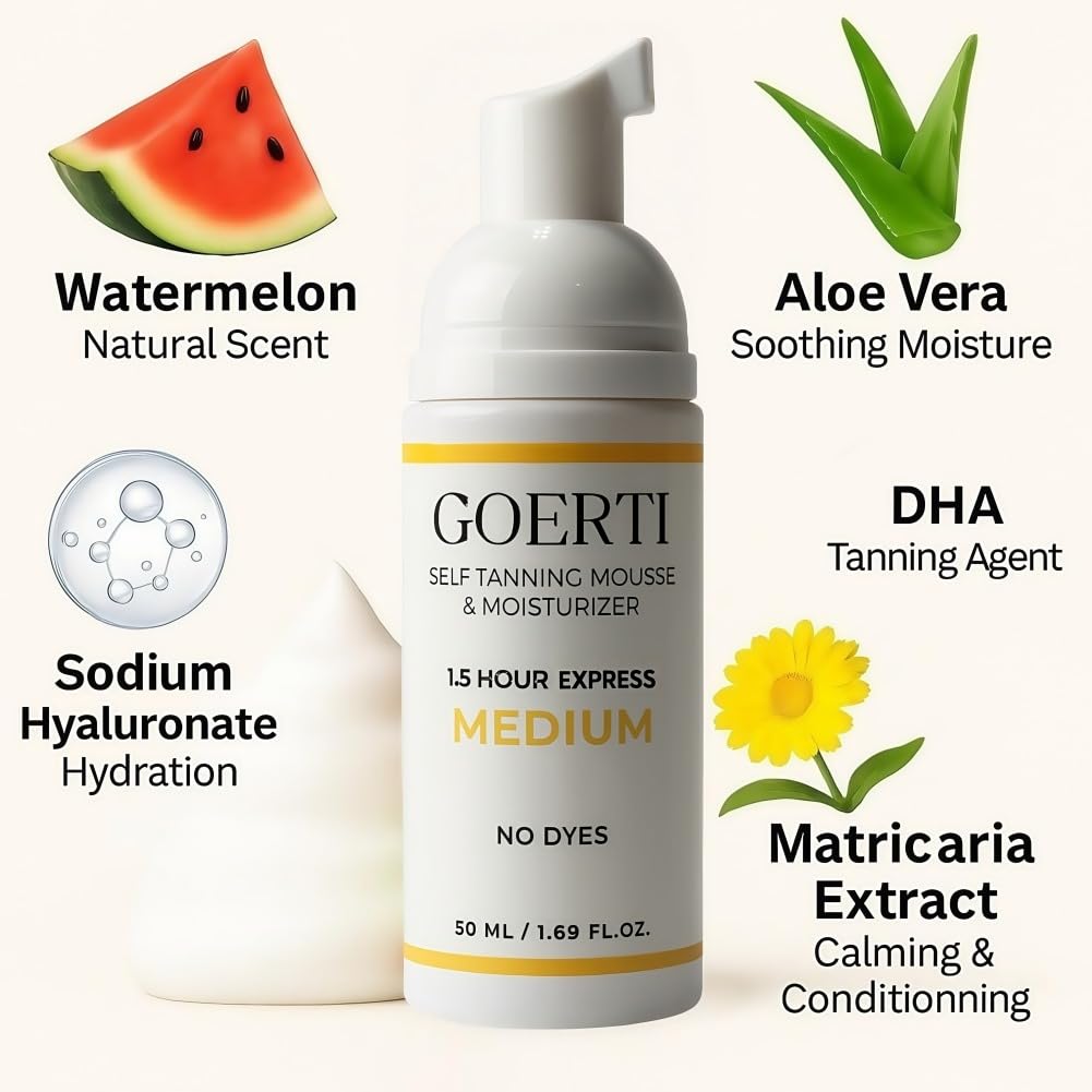 GOERTI Self Tanner Mousse & Tanning Brush Set – 1.5 Hour Express Sunless Tanner for Face & Body | Medium Shade, Long-Lasting & Natural Glow | Vegan DHA Formula, No Streaks, No Dyes, Gentle on Skin