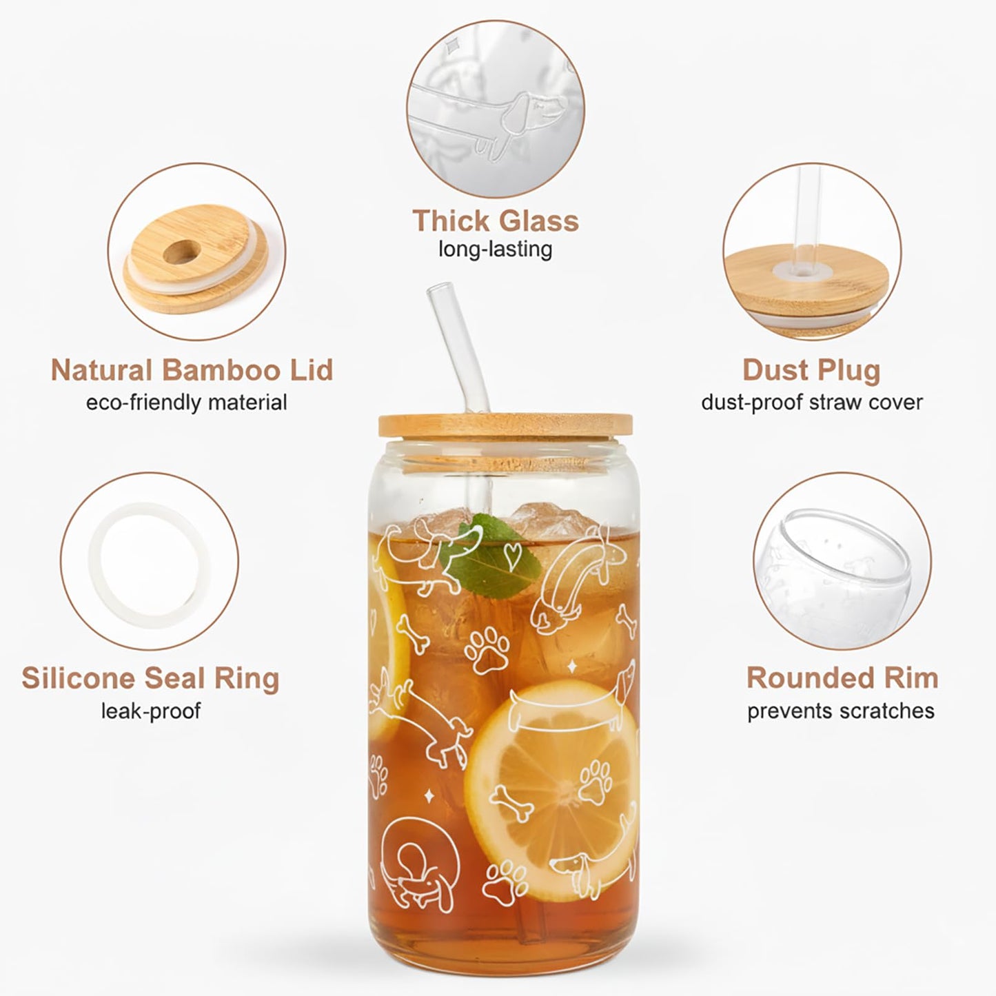 KMCCUMBER Dachshund Glass Cup with Lid & Straw for Dog Lovers - 16oz Cute Funny Weiner Dog Iced Coffee Cup Smoothie Tumbler Dog Owner Gift for Friend Mom Wife Pet Mommy Teen Girls Valentines Gifts