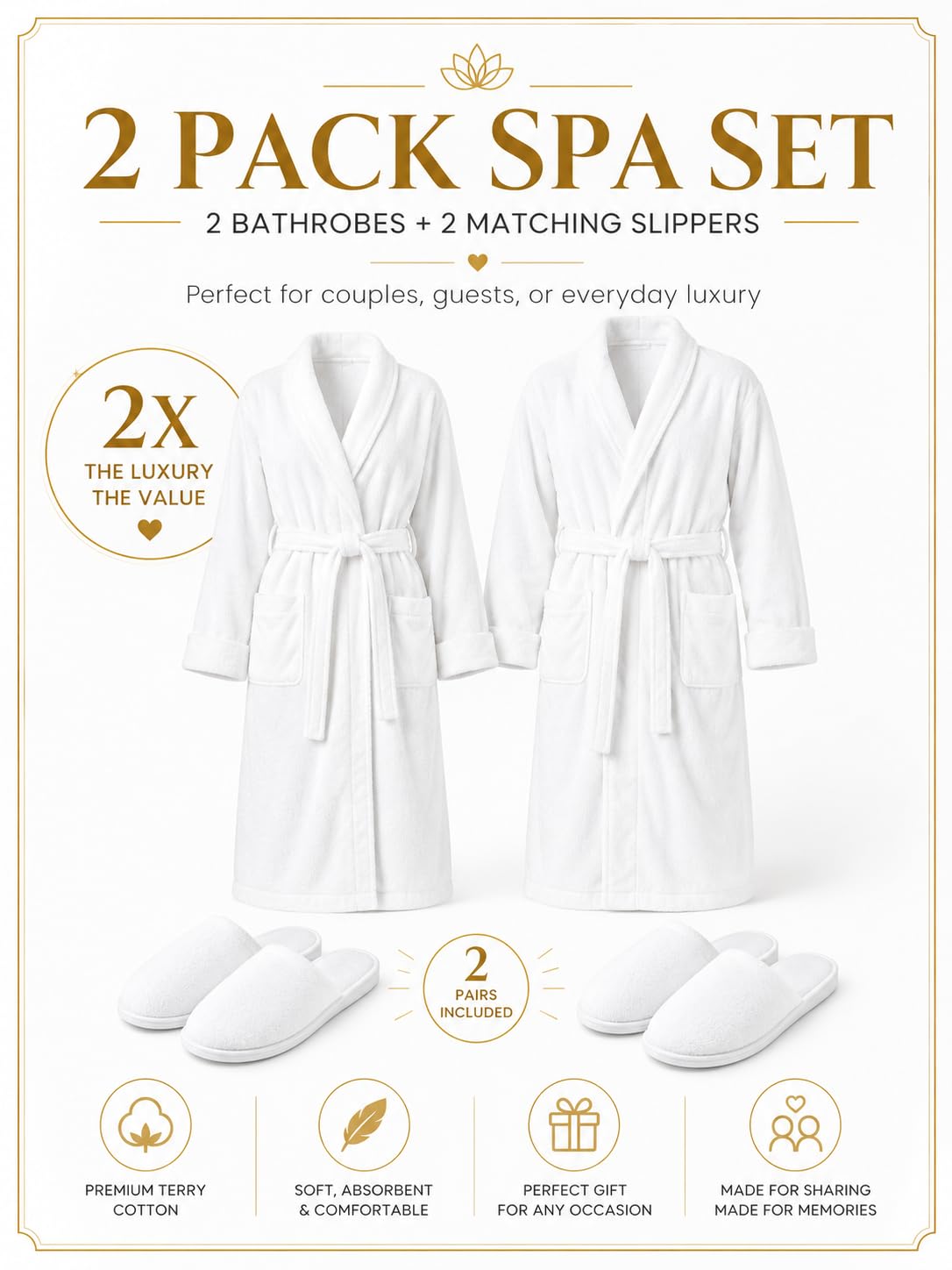 BIOLINEN 2 Pack Robes for Women Men 100% Cotton Terry Cloth Bathrobe with Slippers, Plush Spa Robe, Shawl Collar Bath Robe, Unisex One Size, White