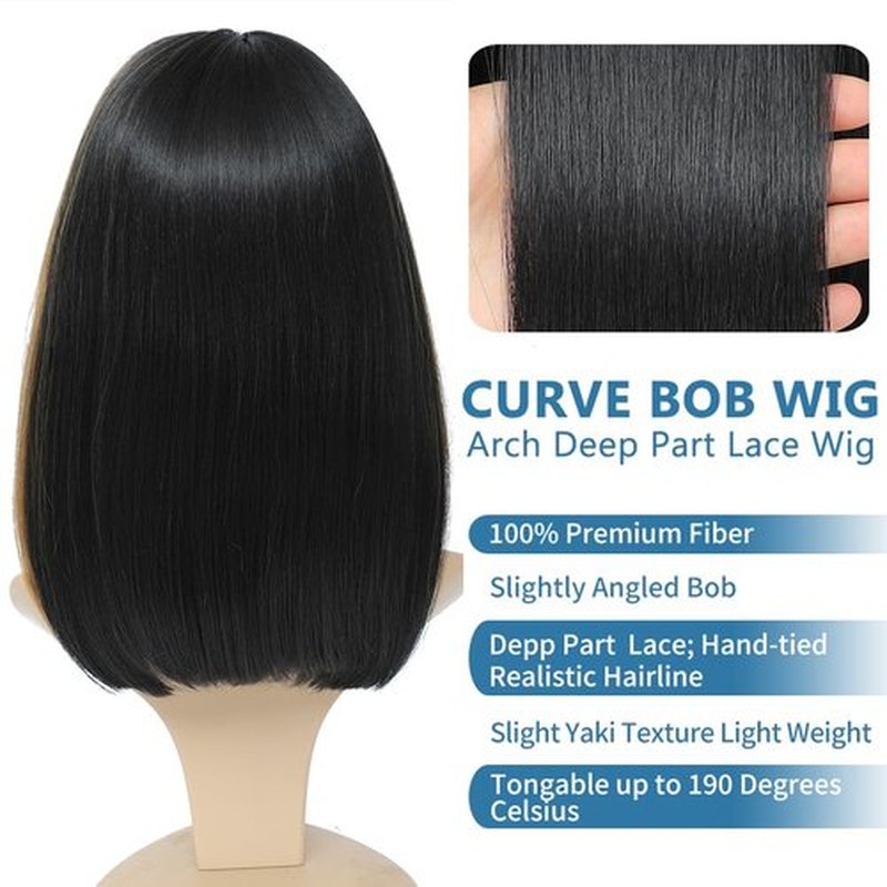 meiliprotea Black Bob Wig Middle Part Glueless Synthetic Lace Front Wig 15 Inch Shoulder Length Short Straight Bob Wigs No Bangs for White and Black Women Daily Party Use (1B)