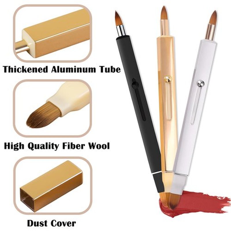 3 Pack Lip Brush for Lipstick Makeup Brushes Double-Ended Retractable Lip Brush with Cap Dustproof Lipstick Brush for Lipstick Gloss Creams Portable with Cap(Black + Gold + Silver)