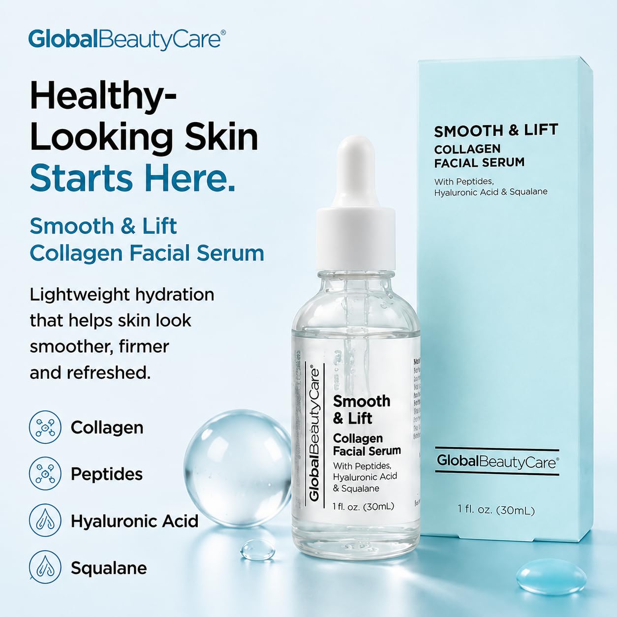 Global Beauty Care Smooth & Lift Collagen Facial Serum Hydrating Face Serum to Support Firm-Looking Skin with Peptides, Hyaluronic Acid & Squalane, Fast-Absorbing Hydrating Formula, 1 fl oz (2-Pack)
