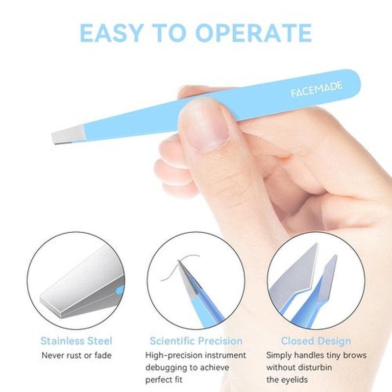 FACEMADE 4 Pack Tweezers Set - Professional Stainless Steel Tweezers for Men and Women, Precision Eyebrow Tweezers for Facial Hair, Chin, and Ingrown Hair Removal (Blue)