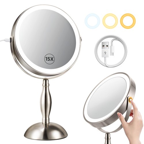 Makeup Mirror with lights, 1X/15X Nickel Magnifying Mirror with 3 Colors, 360°Rotation Touch Screen & Rechargeable Double Sided, Brightness Adjustable Cosmetic Light up Mirror, Type-C charging Cable