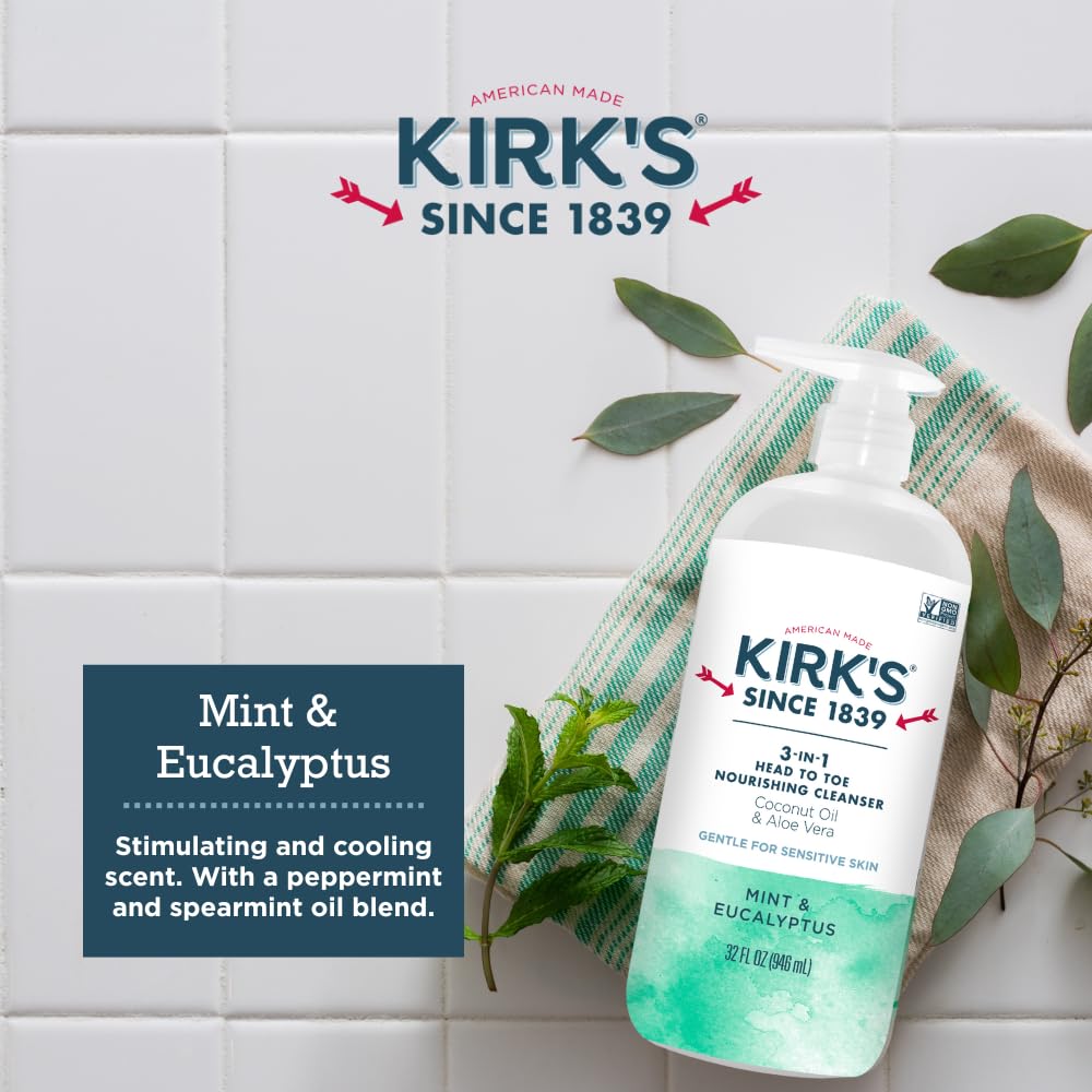 Kirk's Mint and Eucalyptus 3-in-1 Nourishing Cleanser, Shampoo Body Wash Bubble Bath, Coconut Oil and Aloe Vera, Vegan Non-GMO, 32 Fl Oz, Pack of 2