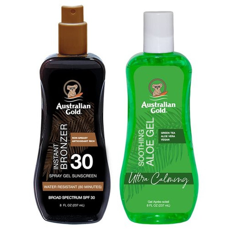 Australian Gold Sunscreen Gel Spray with Bronzer + Soothing After Sun Aloe Vera Gel, Hydrating Sunburn Relief & Broad Spectrum UVA/UVB SPF 15 Sunscreen Spray, Cruelty-Free & Vegan Skin Care Set