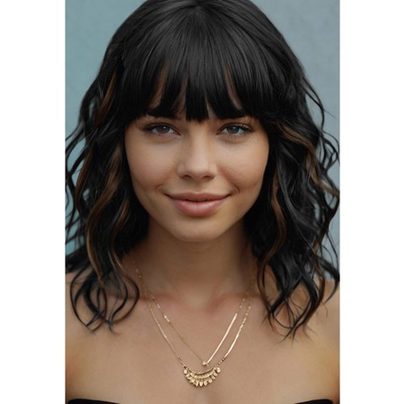 MeaYOO Black Mixed Brown Bob Wig with Bangs for Women,Shoulder Length Brown Highlight Synthetic Bob Wavy Wig,Natural Looking Heat Resistant Fiber Curly Wigs for Daily Party Use,Cosplay 1B/30 Mix Wig